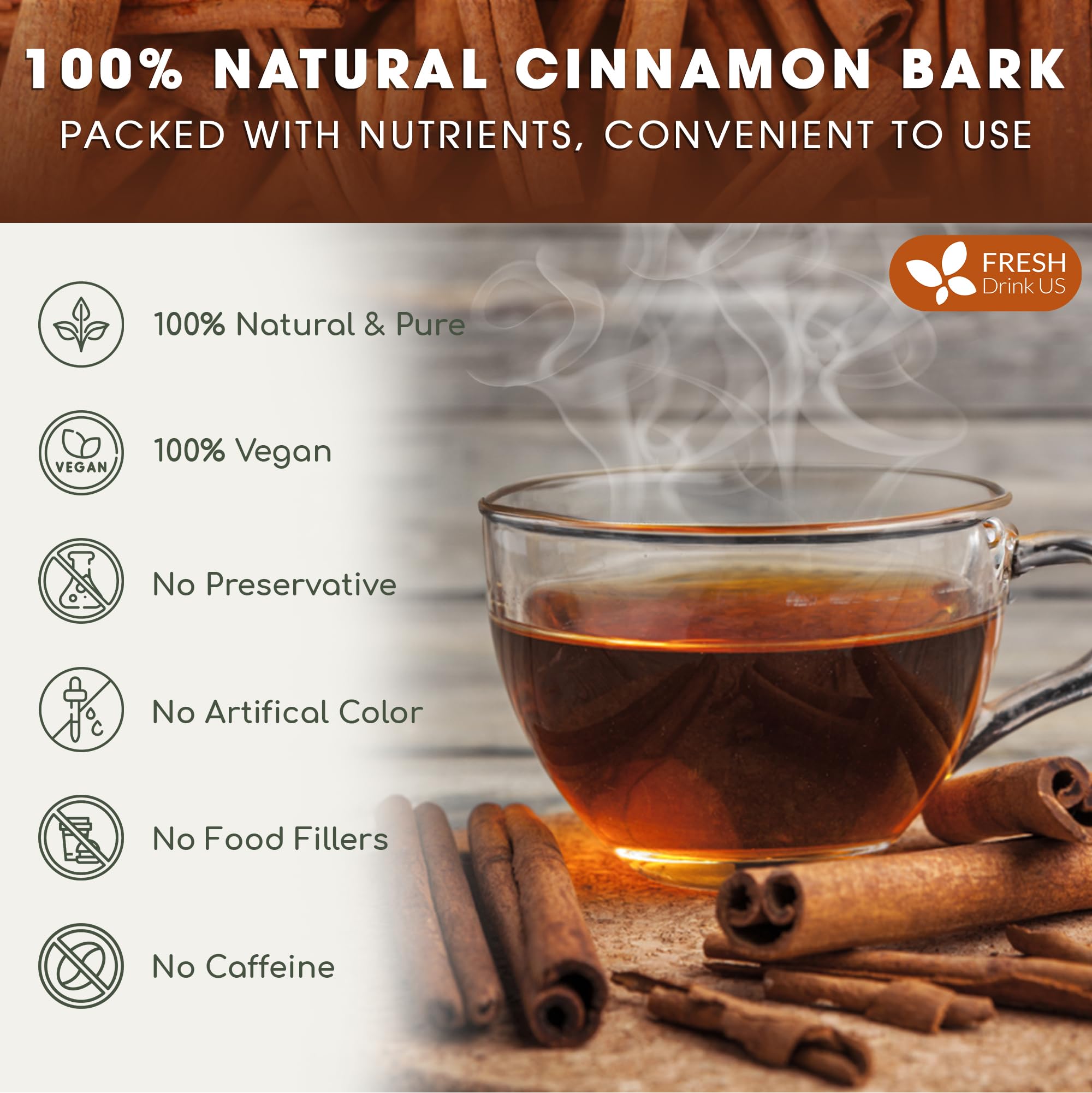 FreshDrinkUS cinnamon sticks for tea infusion delivering fragrant, comforting notes.