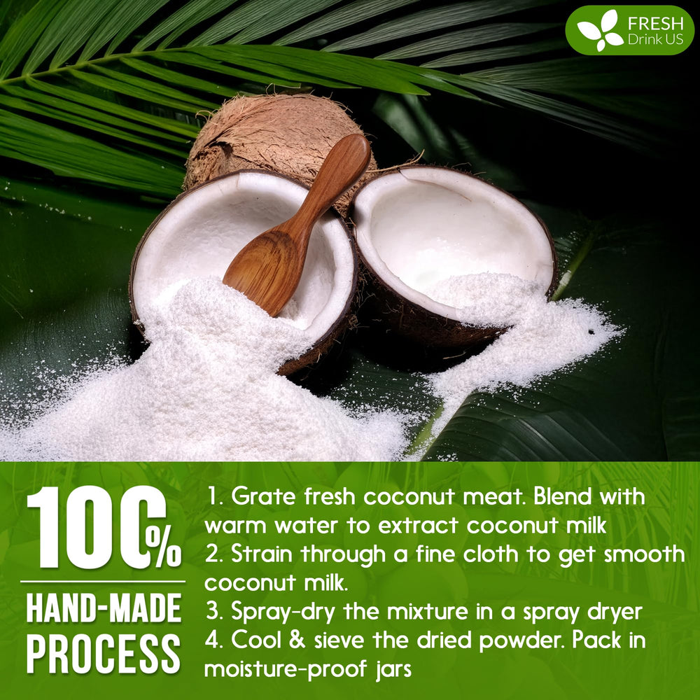 FreshDrinkUS coconut milk powder cooking shot suggests versatile use in sauces and soups.
