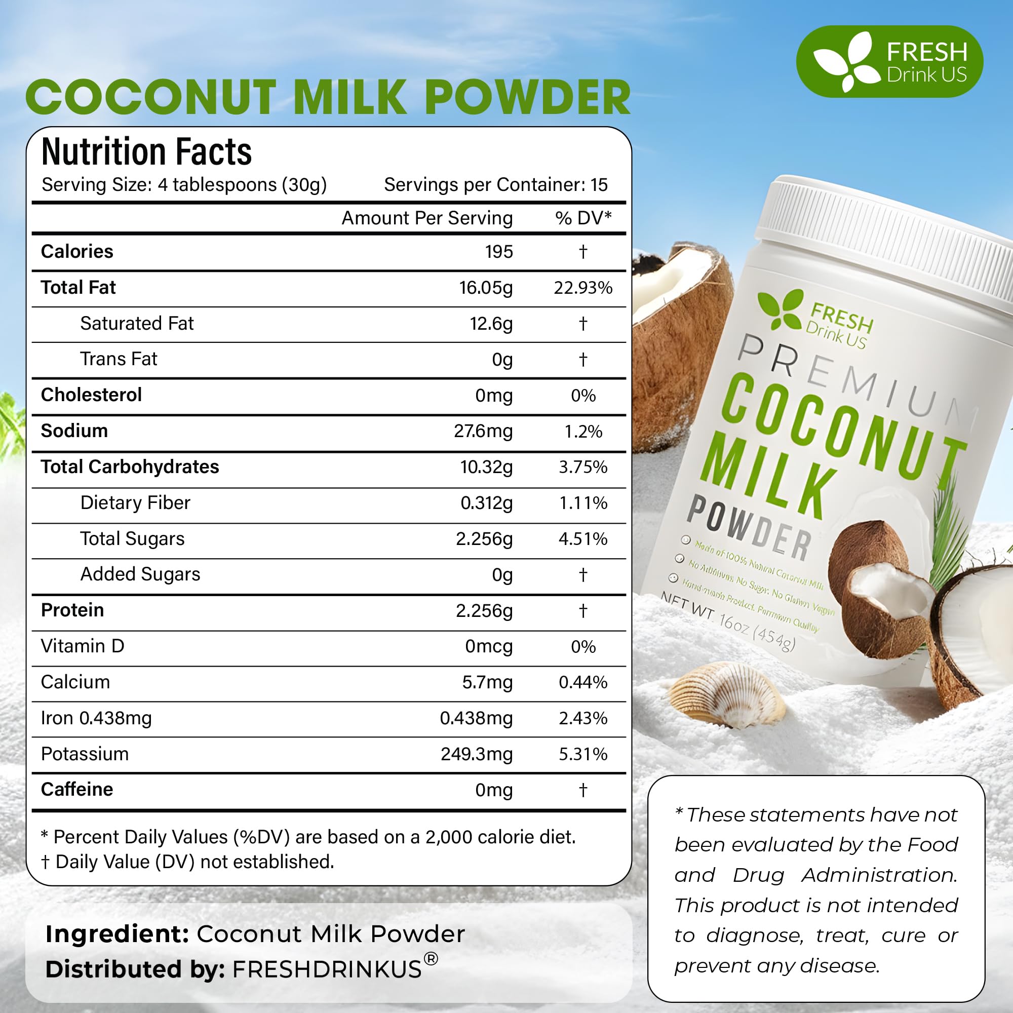 FreshDrinkUS coconut milk powder dispensing shows easy-to-pour texture for smoothies and coffee.