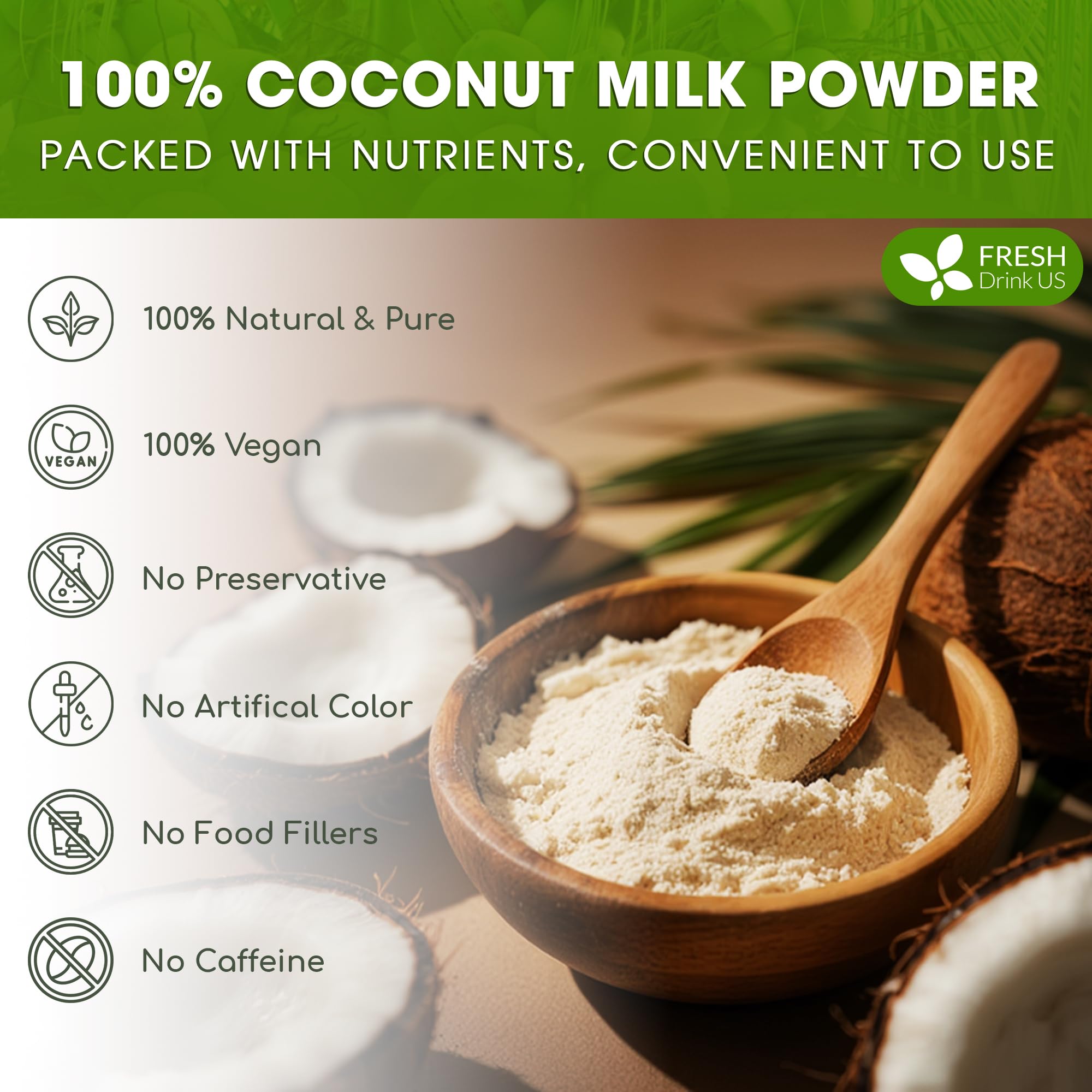 FreshDrinkUS coconut milk powder dissolving in water demonstrates quick, smooth recipe incorporation.