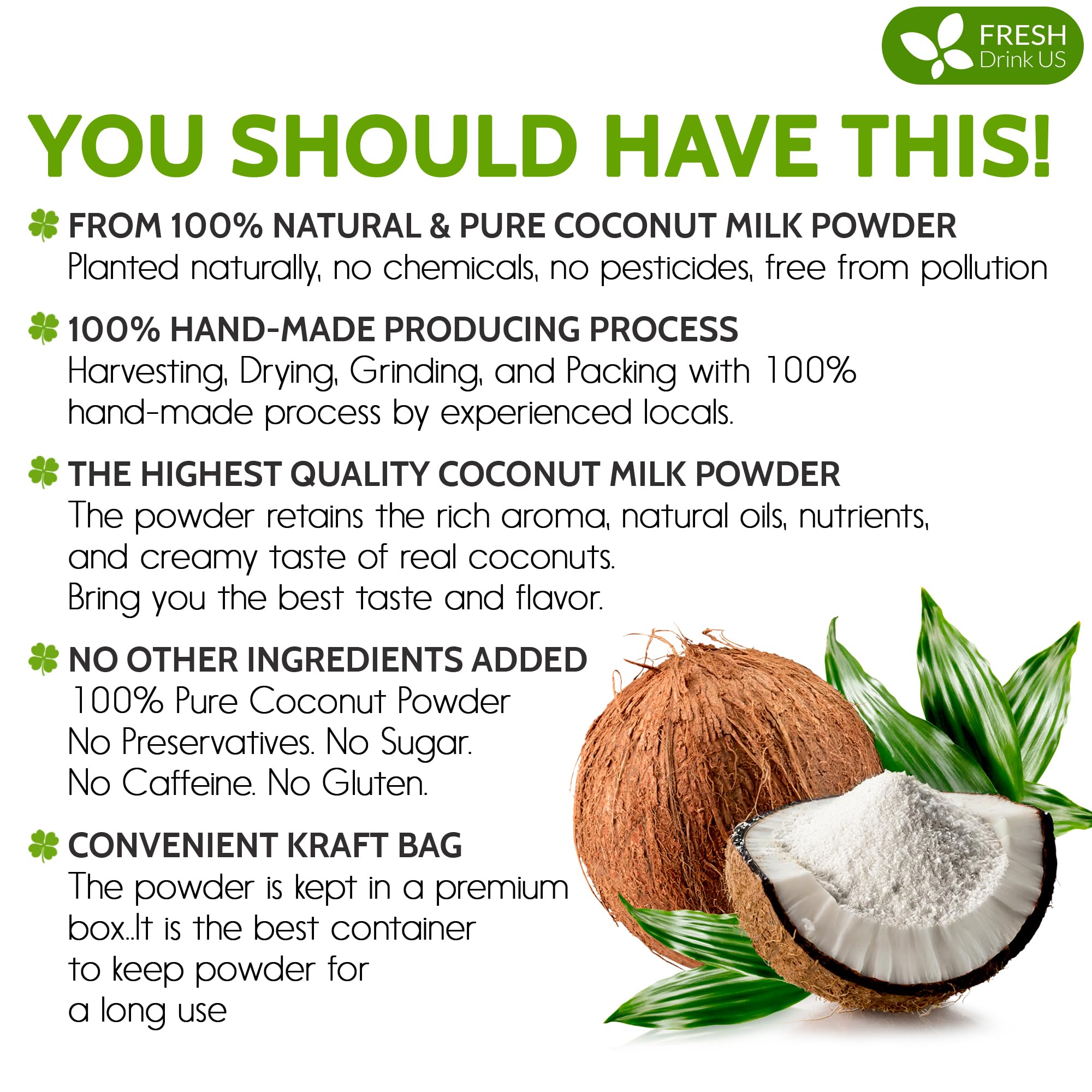 FreshDrinkUS coconut milk powder ingredient closeup emphasizes quality coconuts and natural flavor.