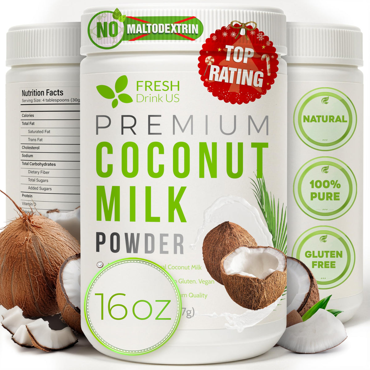 FreshDrinkUS coconut milk powder jar front highlights premium packaging and convenient pantry use.