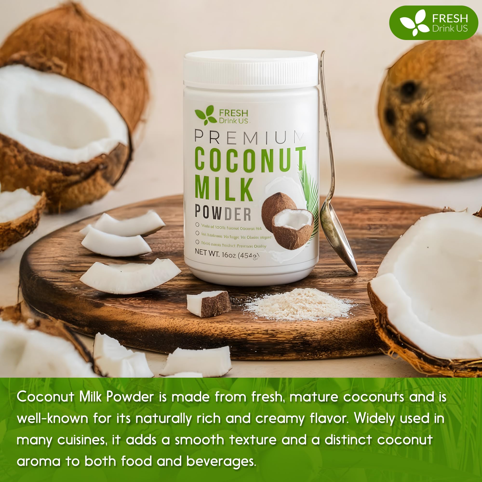 FreshDrinkUS coconut milk powder packaging emphasizes resealable jar for freshness.