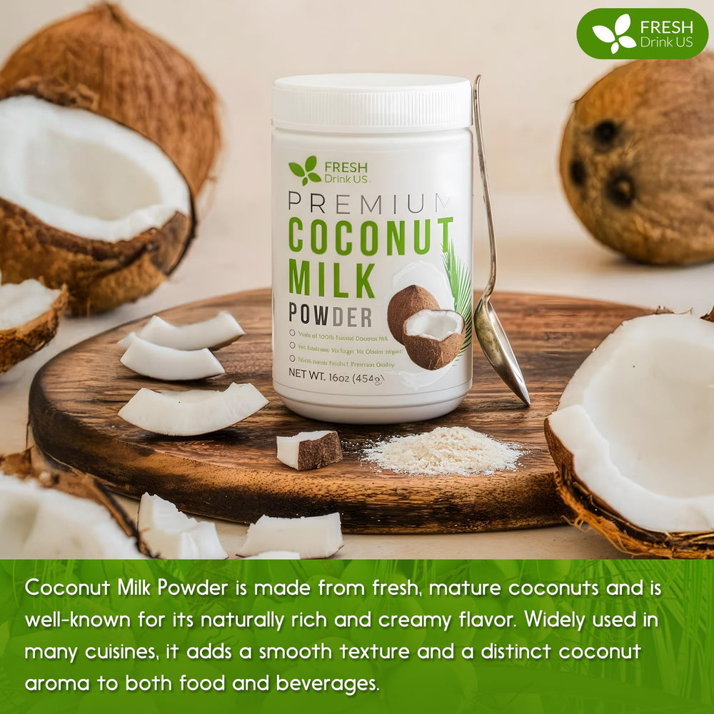 FreshDrinkUS coconut milk powder packaging emphasizes resealable jar for freshness.