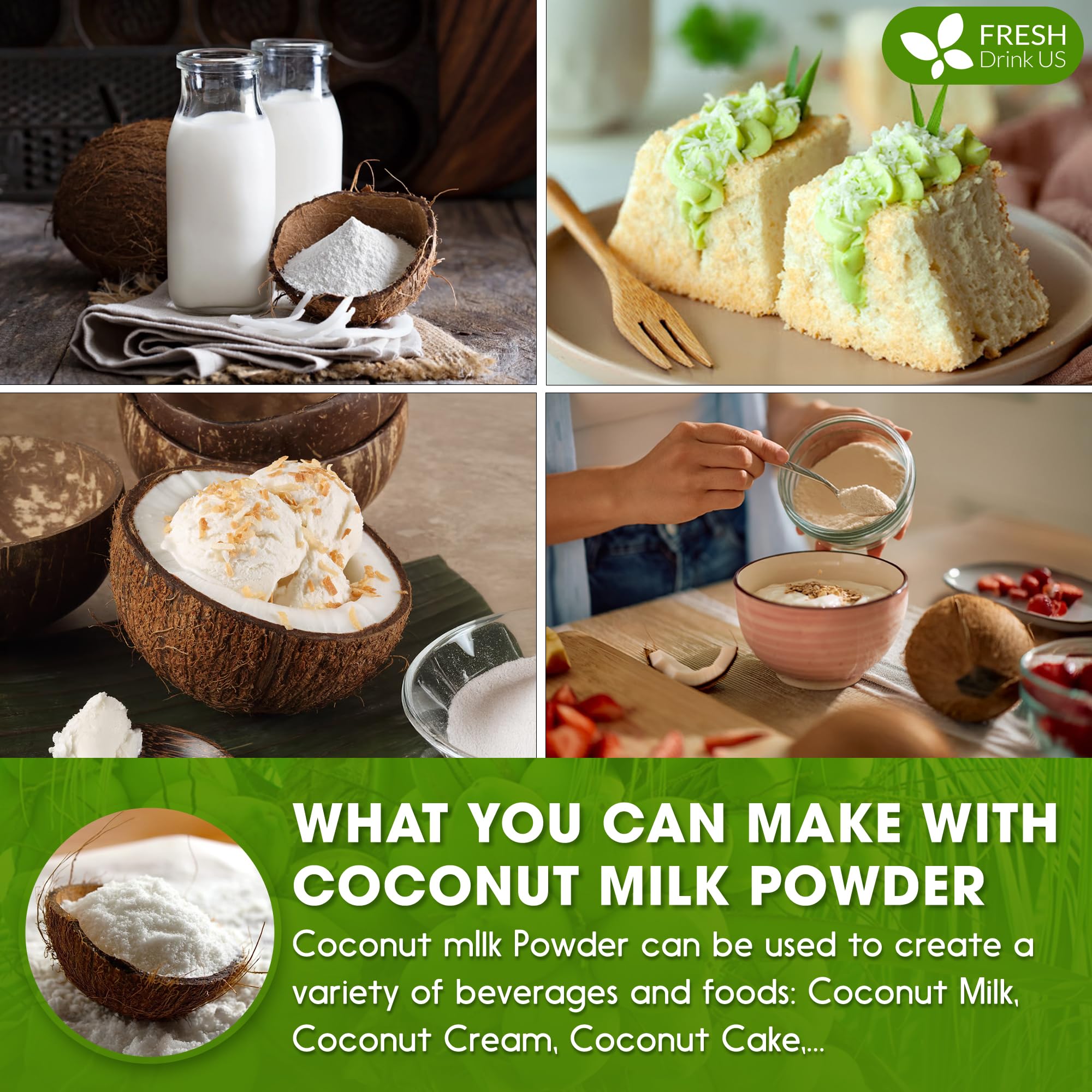 FreshDrinkUS coconut milk powder vegan dairy-free label reinforces plant-based lifestyle options.