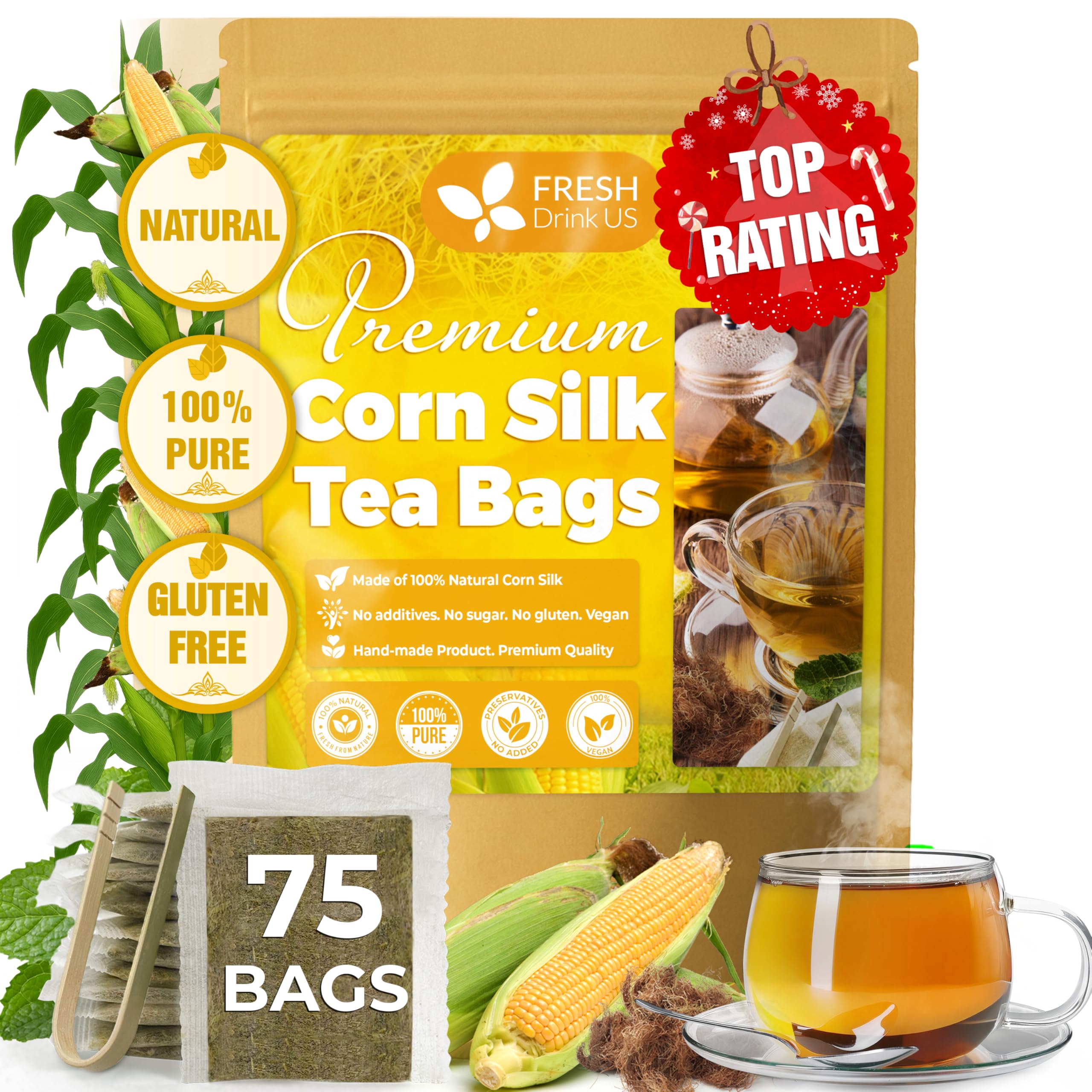 FreshDrinkUS corn silk tea bags ready for a pure caffeine-free cup.