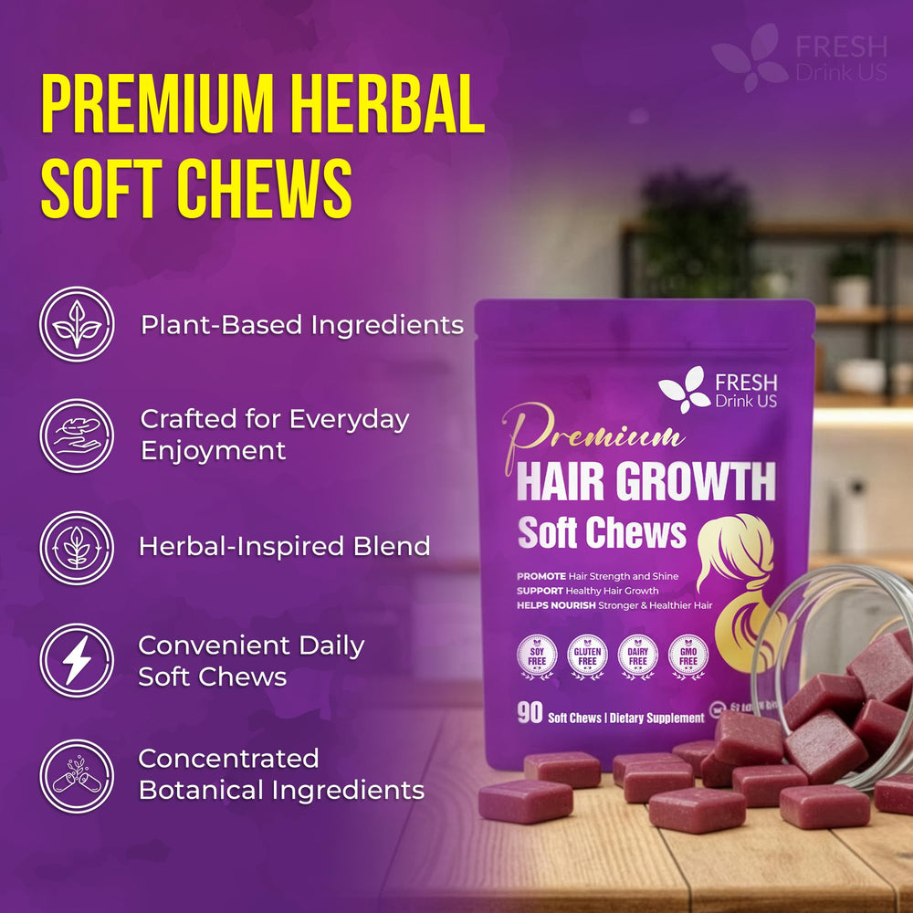 FreshDrinkUS daily beauty chews in packaging; guilt-free indulgence.