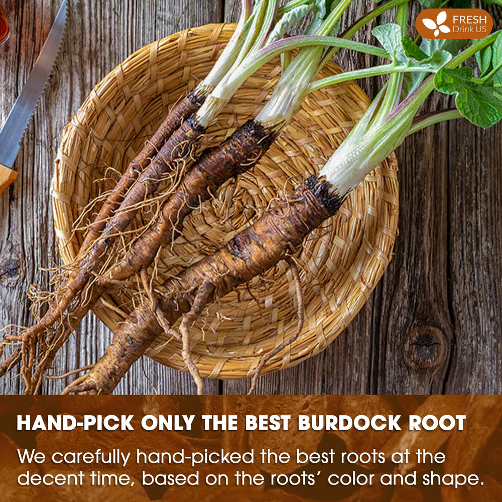 FreshDrinkUS farm-to-cup burdock root highlights natural harvest integrity.