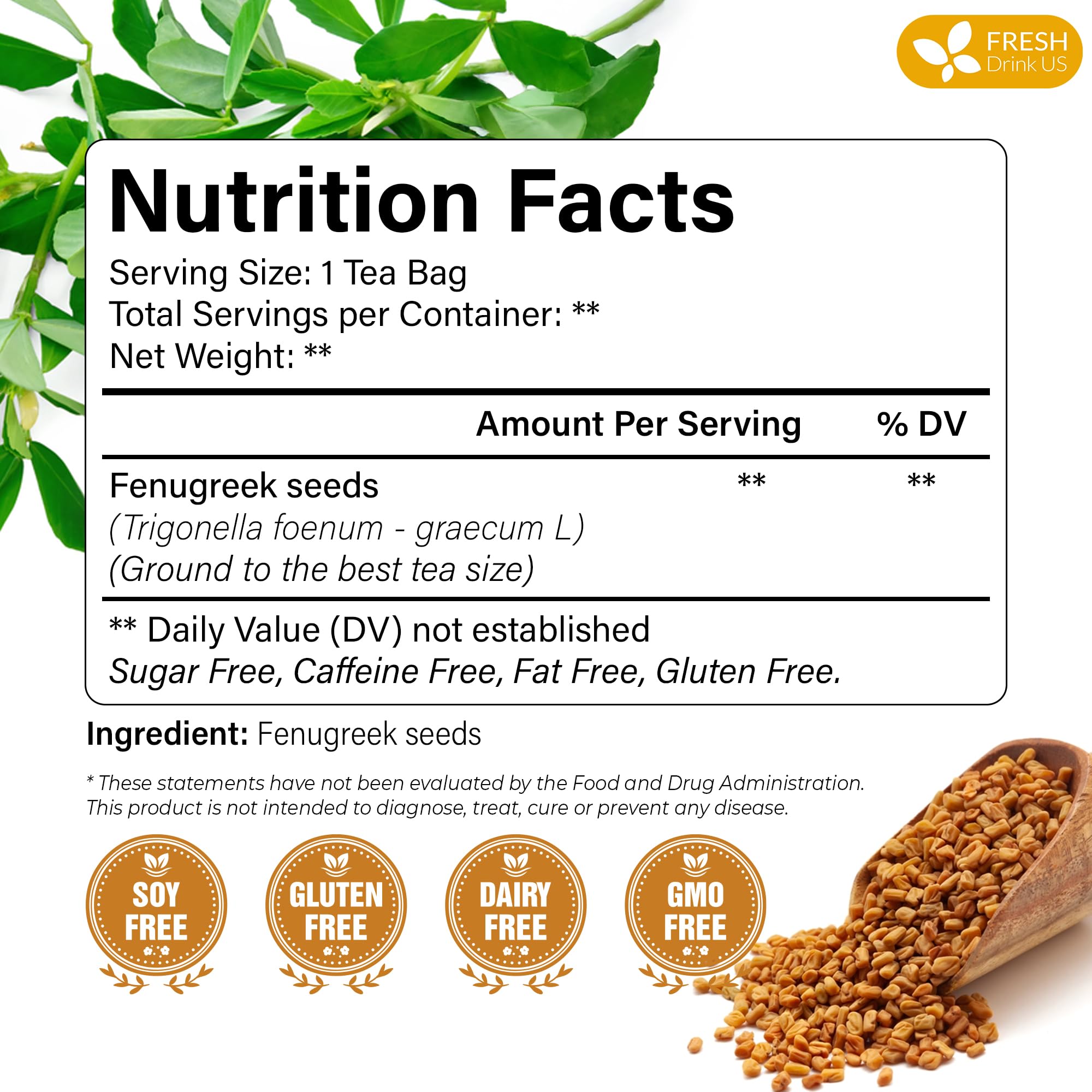 FreshDrinkUS fenugreek tea bag closeup highlights pure fenugreek leaves