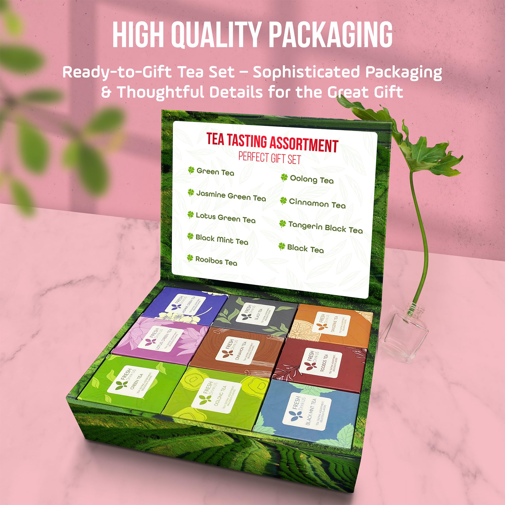 FreshDrinkUS gift-ready tea sampler presentation with elegant box.