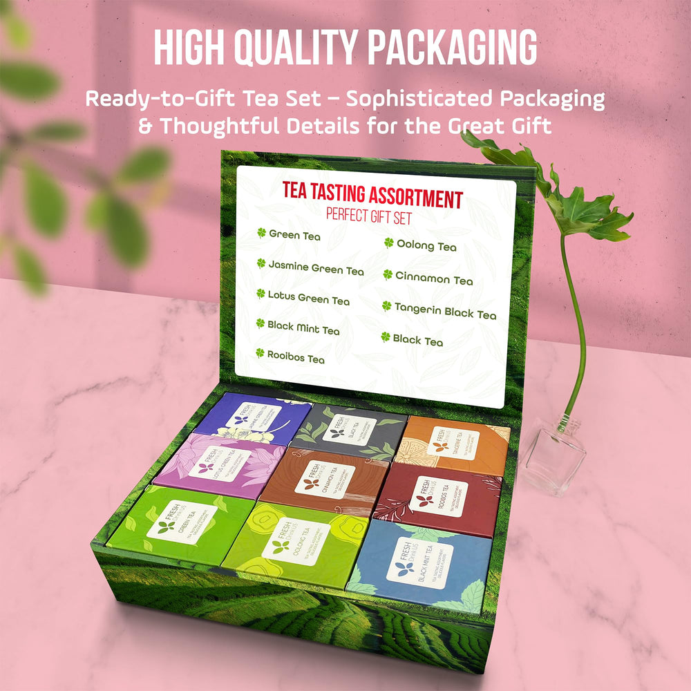 FreshDrinkUS gift-ready tea sampler presentation with elegant box.