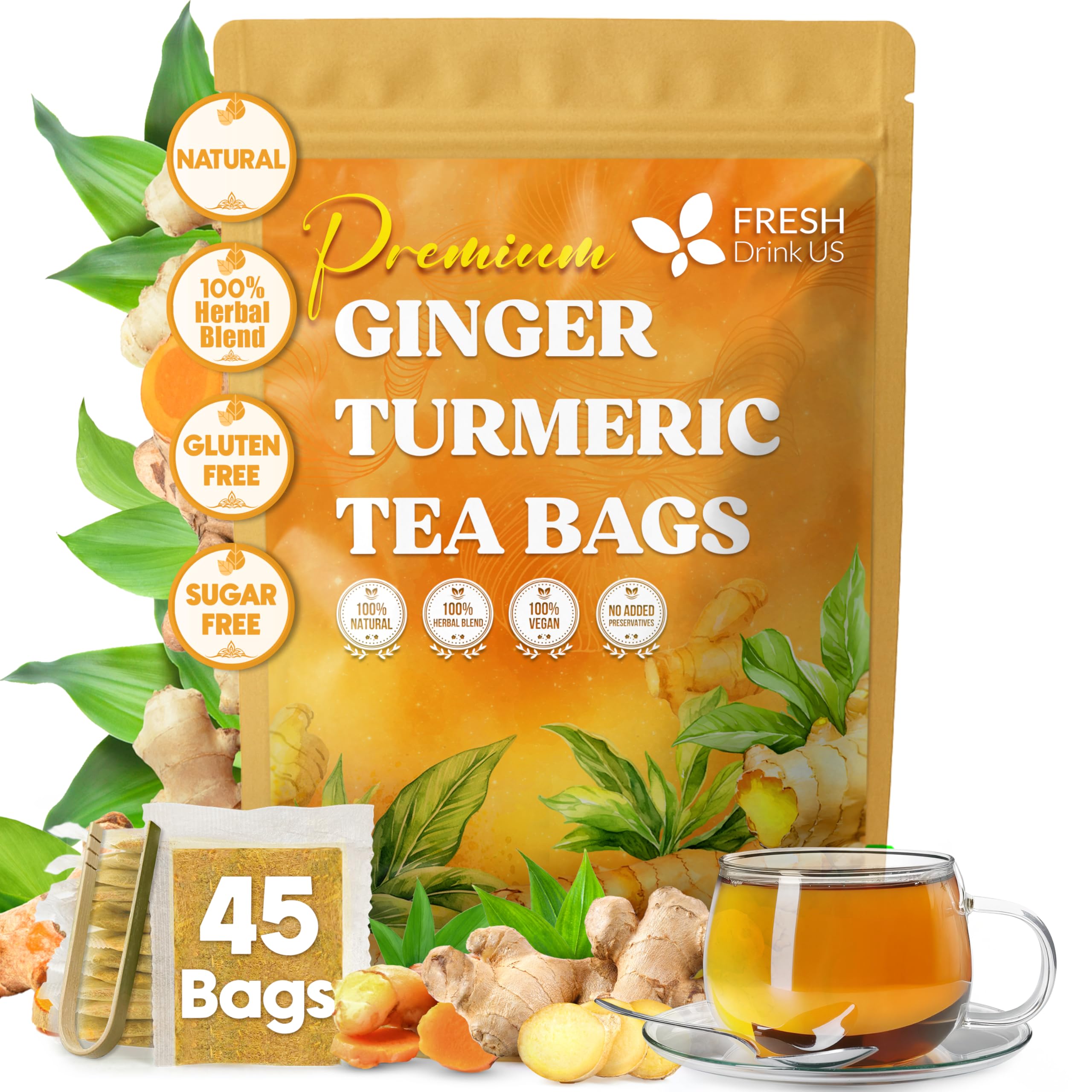 FreshDrinkUS ginger turmeric tea bags packaging in an eco-friendly box for easy brewing.