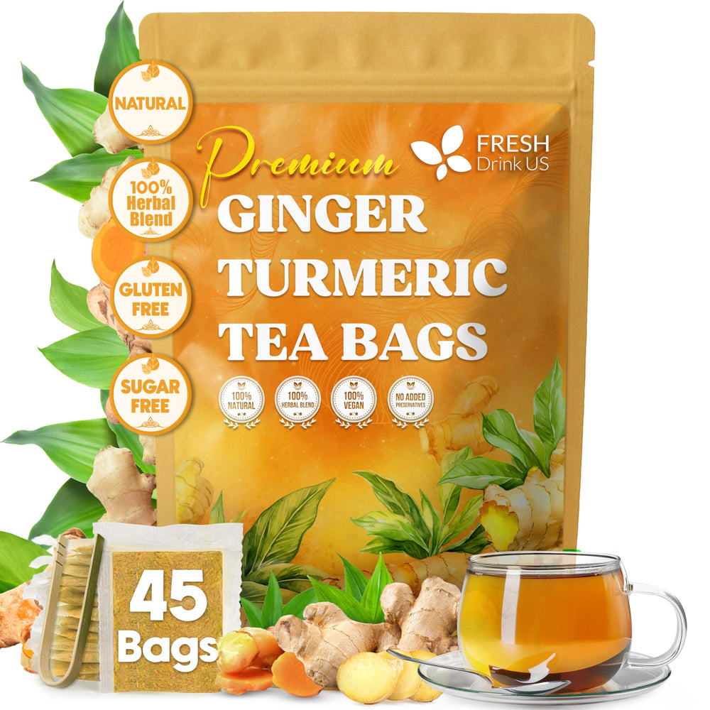 FreshDrinkUS ginger turmeric tea bags packaging in an eco-friendly box for easy brewing.