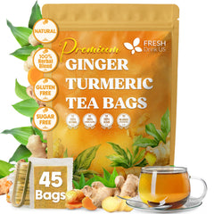 FreshDrinkUS ginger turmeric tea bags packaging in an eco-friendly box for easy brewing.
