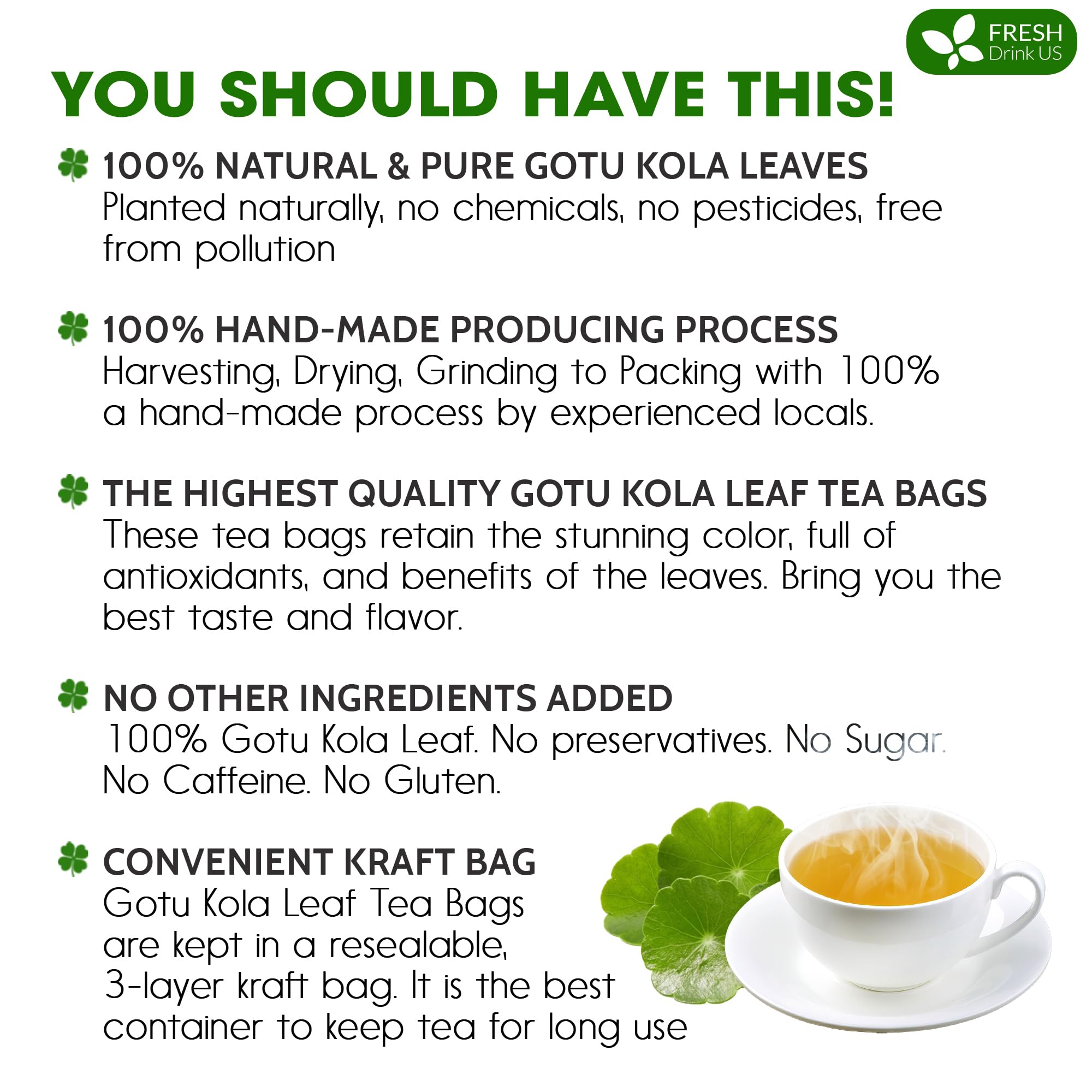 FreshDrinkUS gotu kola tea bag close-up highlights premium leaves and earthy flavor.