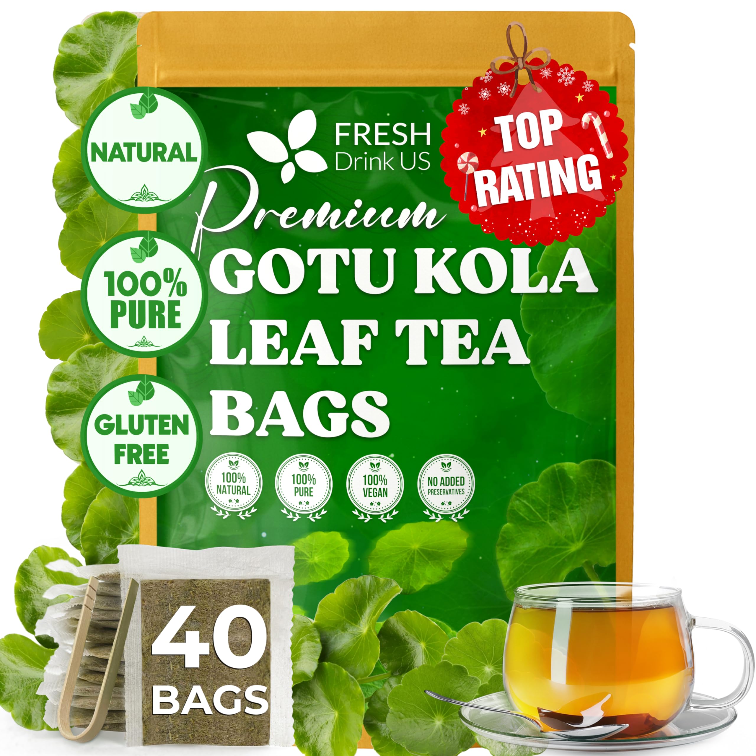 FreshDrinkUS gotu kola tea bag steaming, releasing a calming aroma.