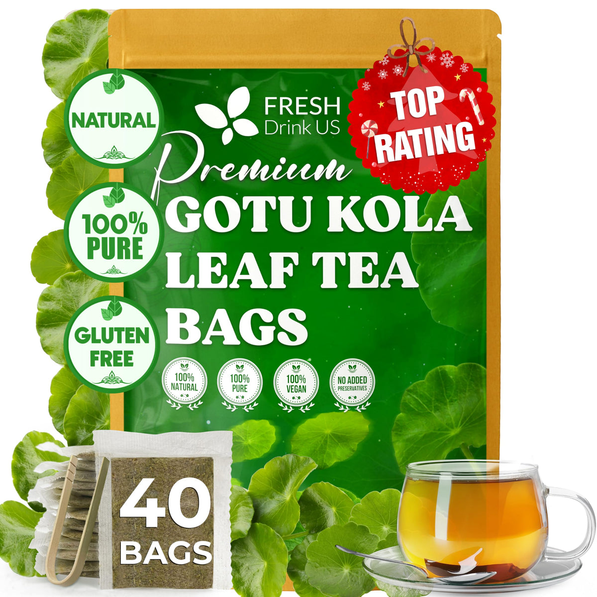 FreshDrinkUS gotu kola tea bag steaming, releasing a calming aroma.