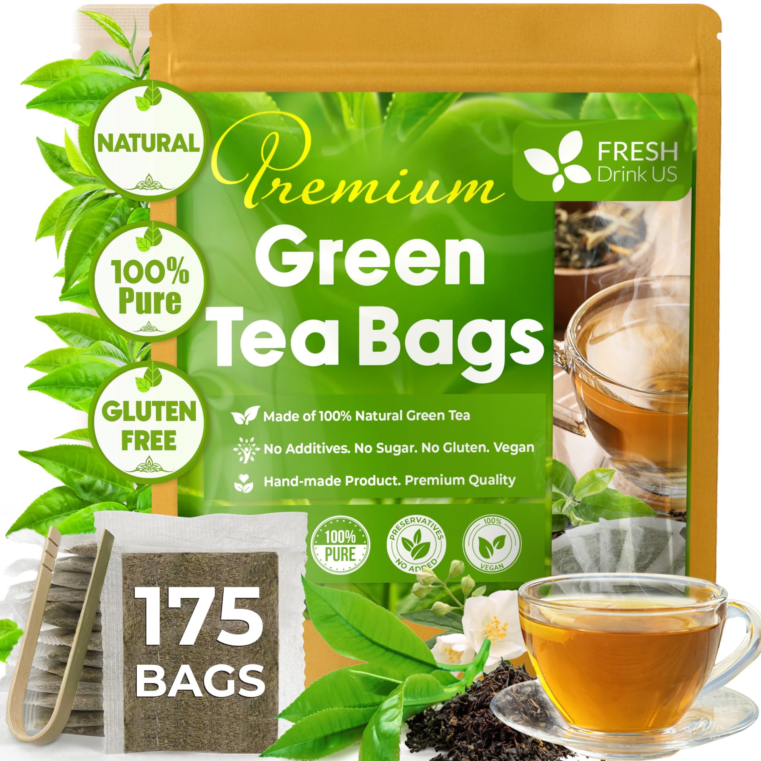 FreshDrinkUS green tea bags in packaging highlight freshness and convenience.