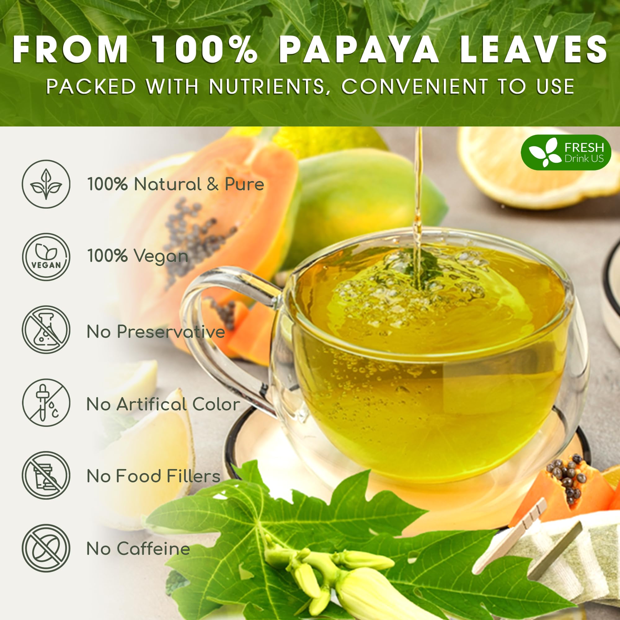 FreshDrinkUS hand-picked papaya leaves prepared for premium tea