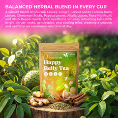 FreshDrinkUS Happy Belly Tea ingredients highlight natural herbs and inviting aroma.