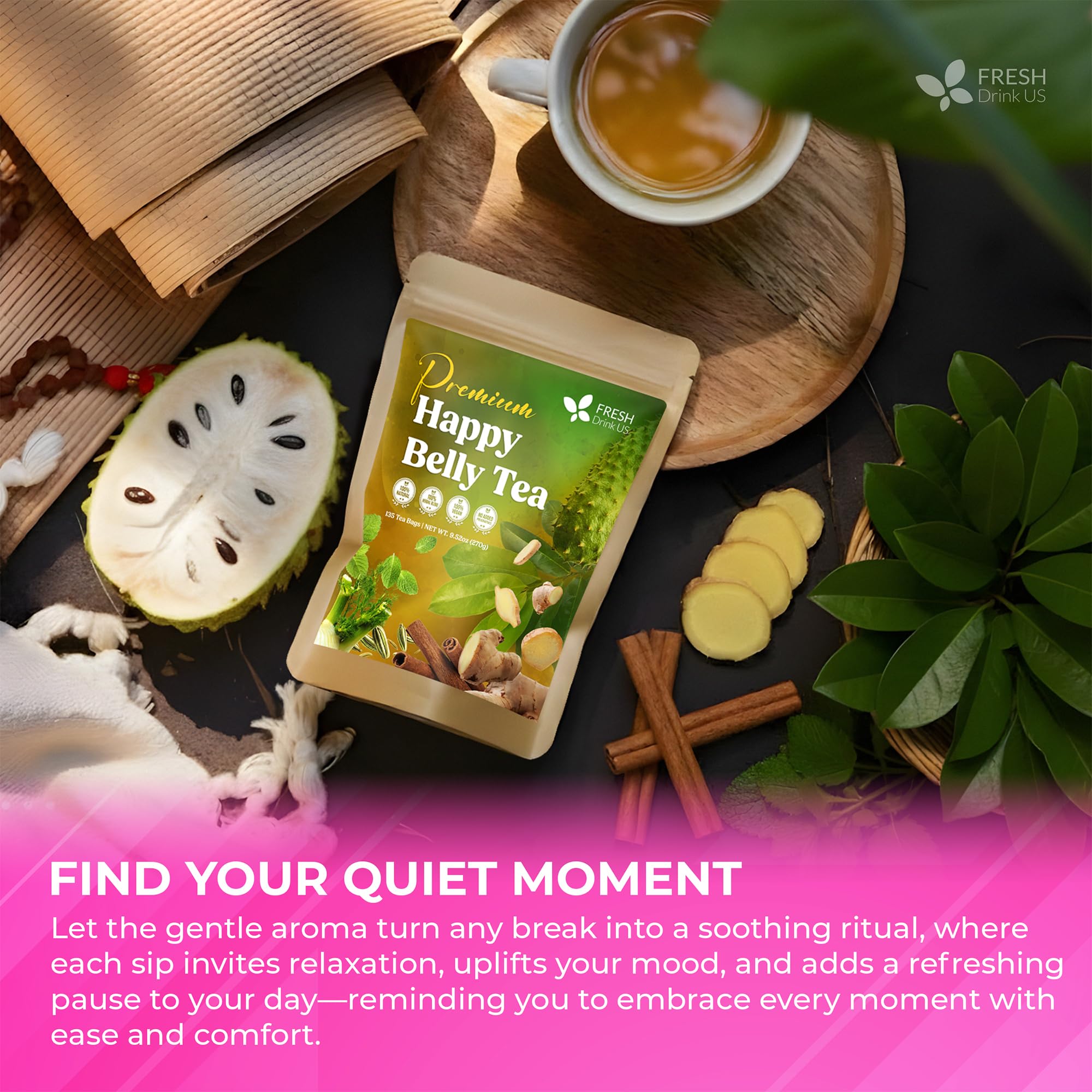 FreshDrinkUS Happy Belly Tea on a tidy kitchen shelf for daily comfort.
