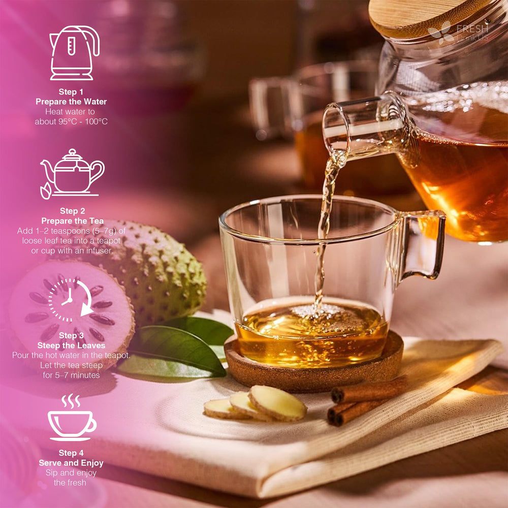 FreshDrinkUS Happy Belly Tea steeping in hot water for a soothing ritual.
