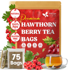 FreshDrinkUS hawthorn berry tea bags close-up, soothing herbal blend for daily relaxation.