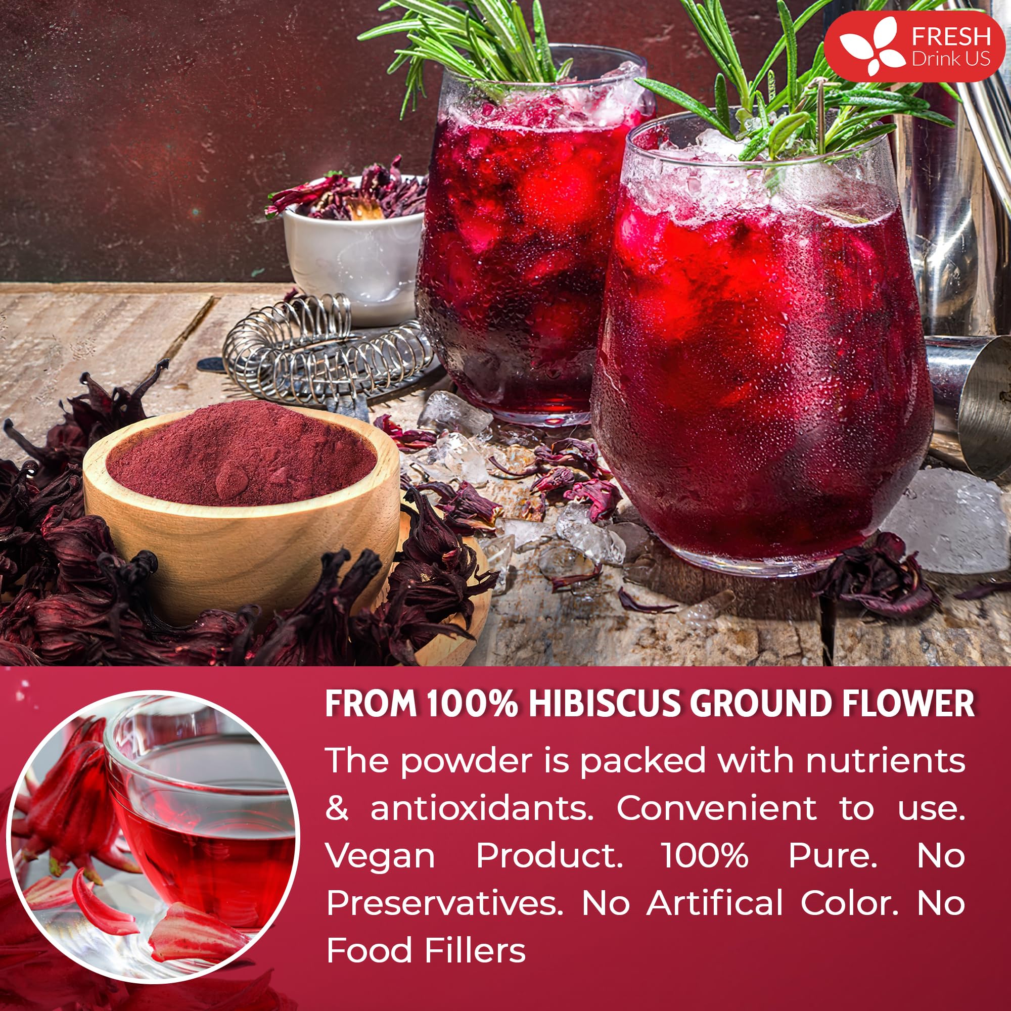 FreshDrinkUS hibiscus powder dust on a dessert for color