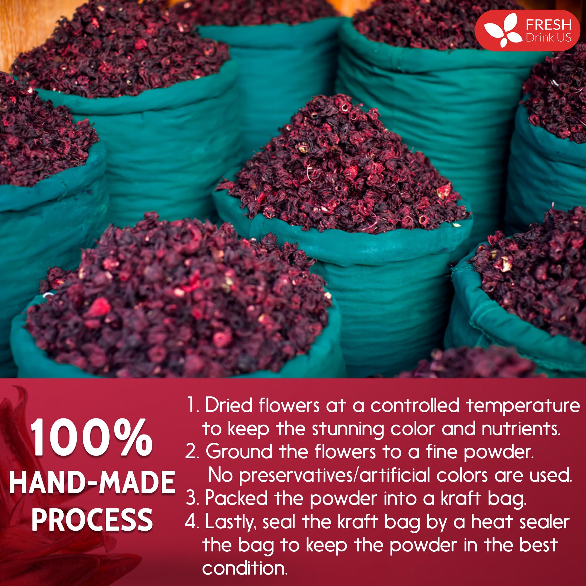 FreshDrinkUS hibiscus powder packaging preserves freshness in zipper pouches