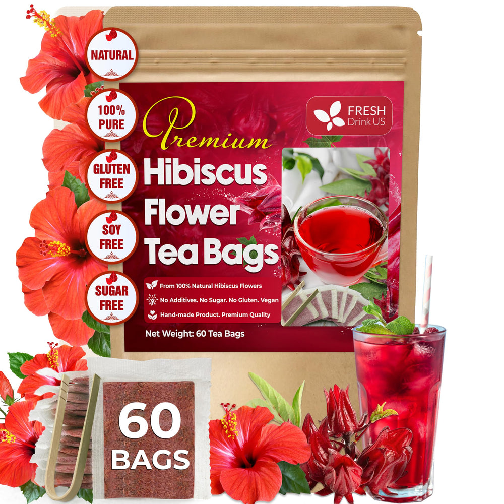 FreshDrinkUS hibiscus tea bags close-up of dried flowers for a natural caffeine-free brew