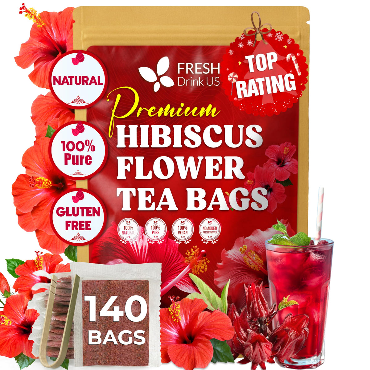 FreshDrinkUS hibiscus tea bags pack showing vibrant flowers for caffeine-free brew.
