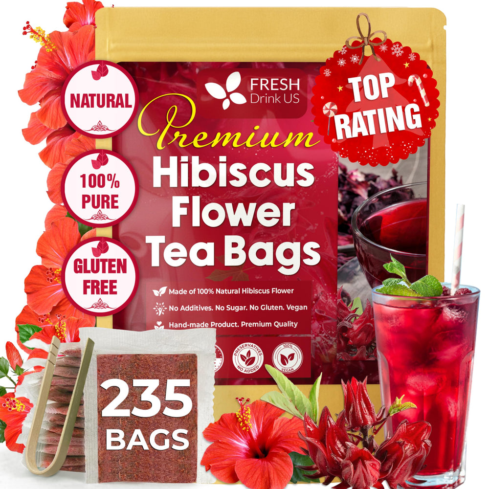 FreshDrinkUS hibiscus tea bags packaging, showing natural quality and convenience.