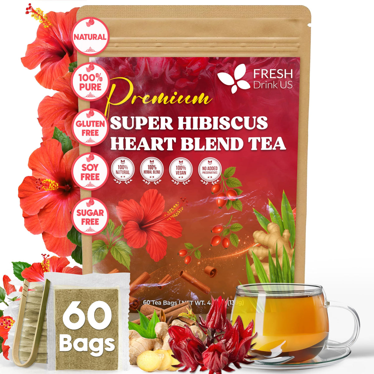 FreshDrinkUS hibiscus tea bags for a refreshing caffeine-free break.