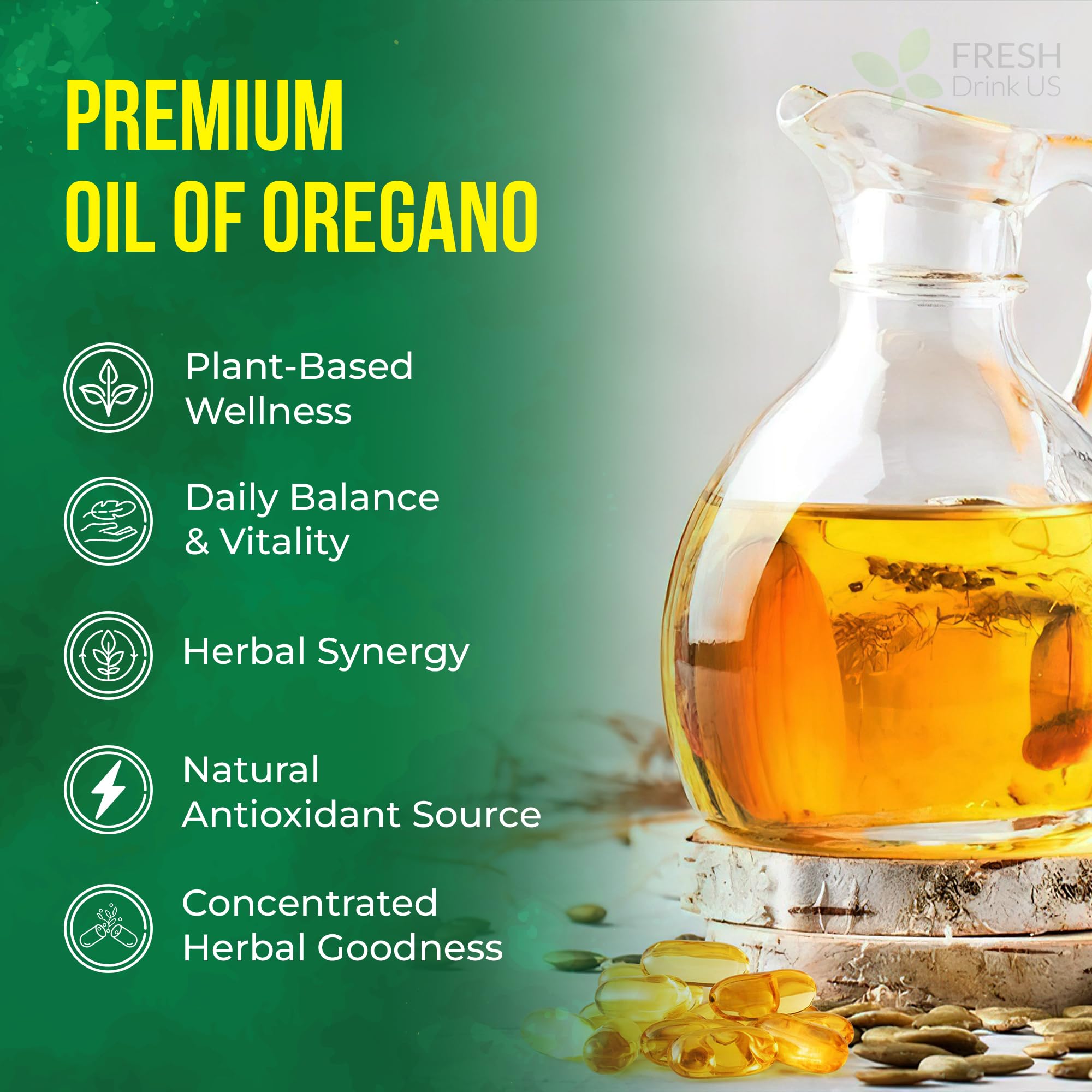 FreshDrinkUS ingredients visual with oregano and black seed for purity.