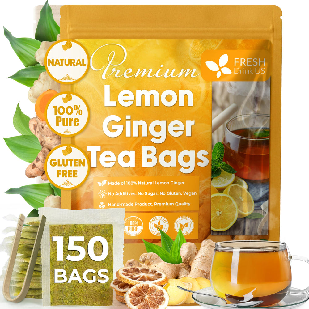 FreshDrinkUS Lemon Ginger tea bag closeup highlighting natural ingredients and caffeine-free enjoyment.