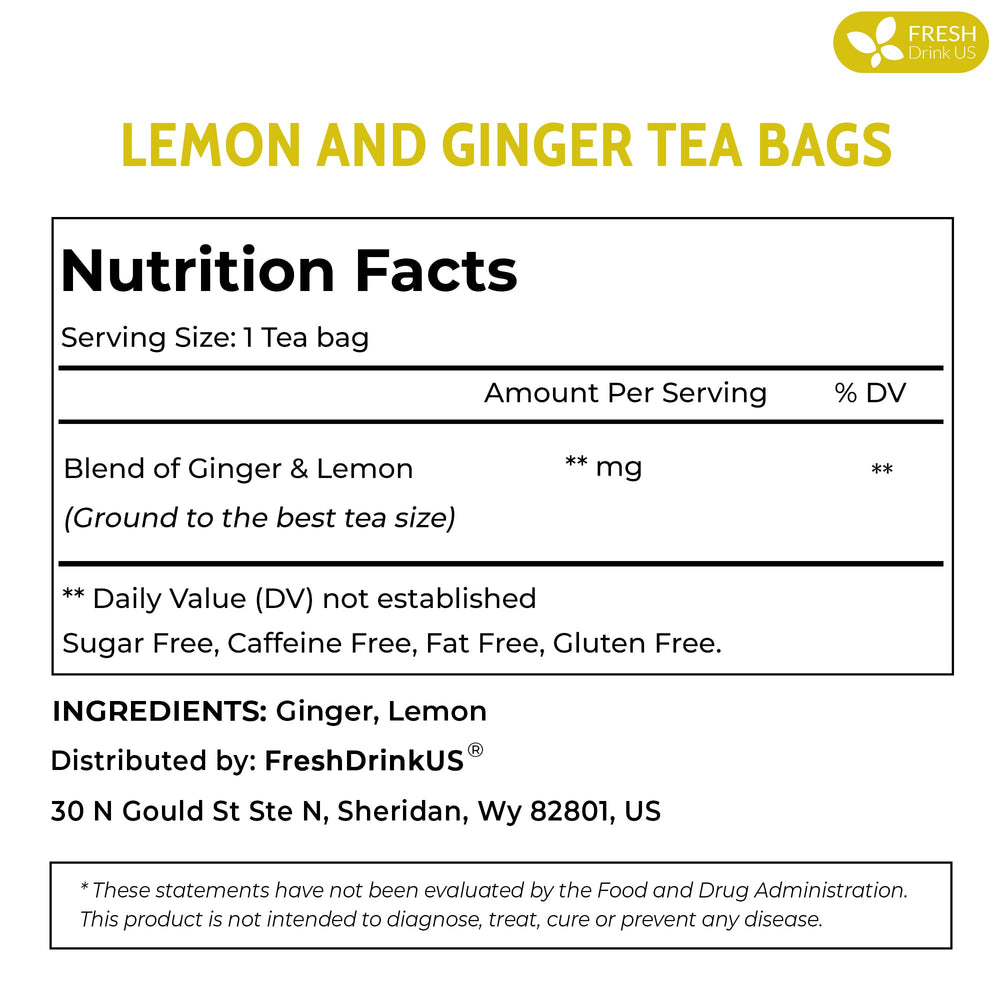 FreshDrinkUS Lemon Ginger tea bag packaging highlights eco-friendly, biodegradable bags for a sustainable ritual.