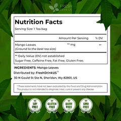 FreshDrinkUS mango leaf tea bags closeup reveals dried leaves and aromatic notes.