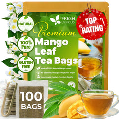 FreshDrinkUS mango leaf tea bags packaging shows natural ingredients and eco-friendly design.