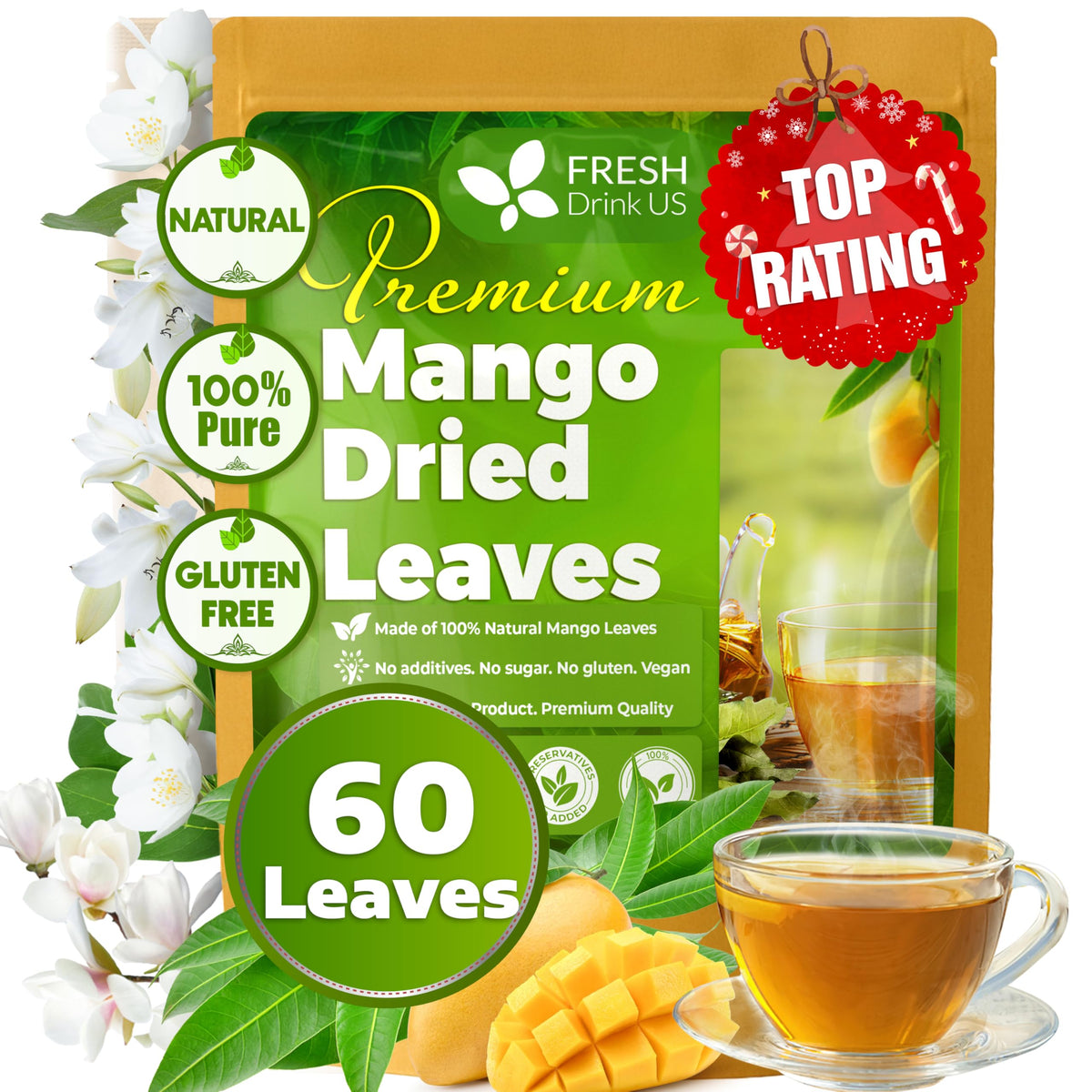 FreshDrinkUS mango leaves raw-dried bundle with natural aroma for caffeine-free tea preparation.