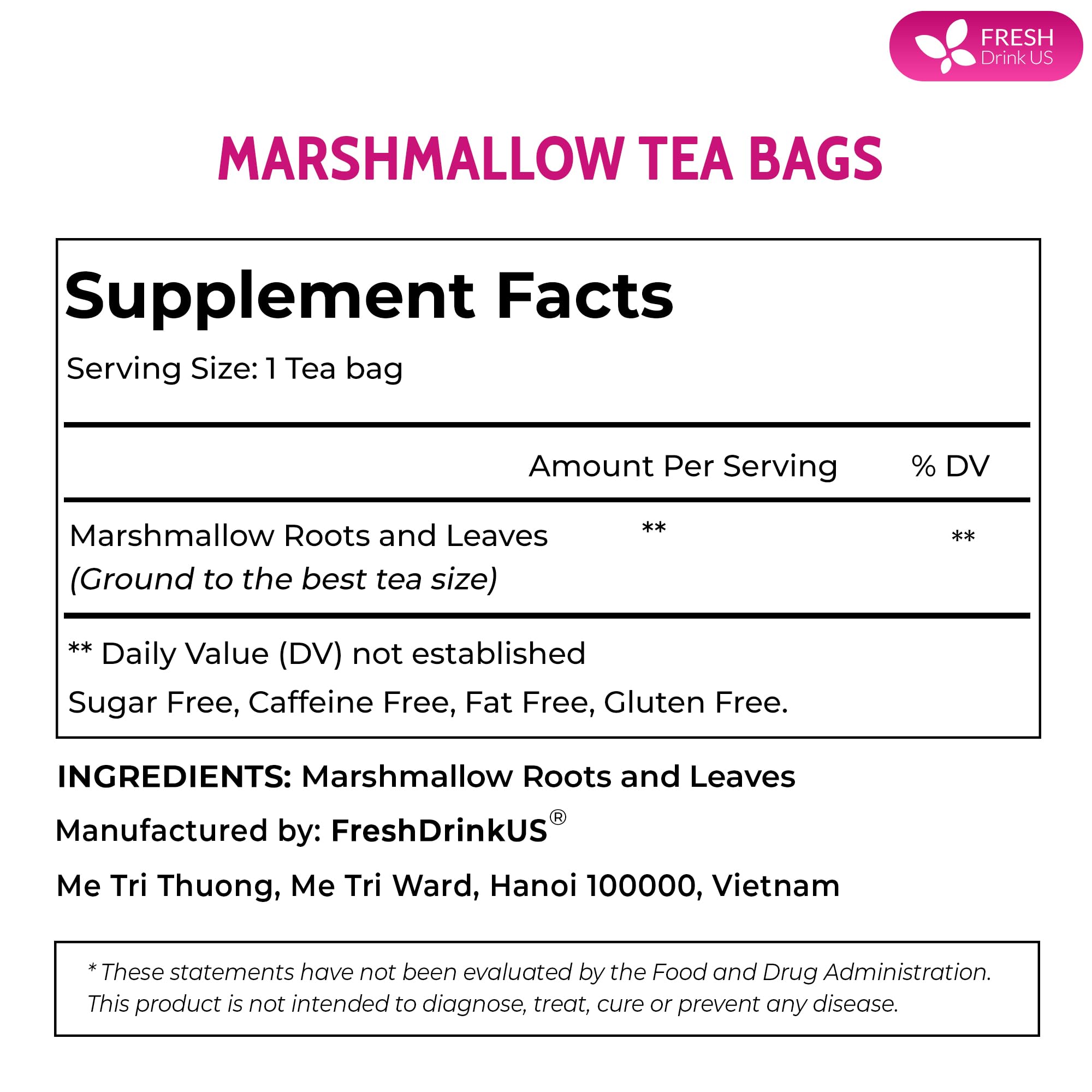 FreshDrinkUS marshmallow tea bags close-up show natural roots and leaves aroma