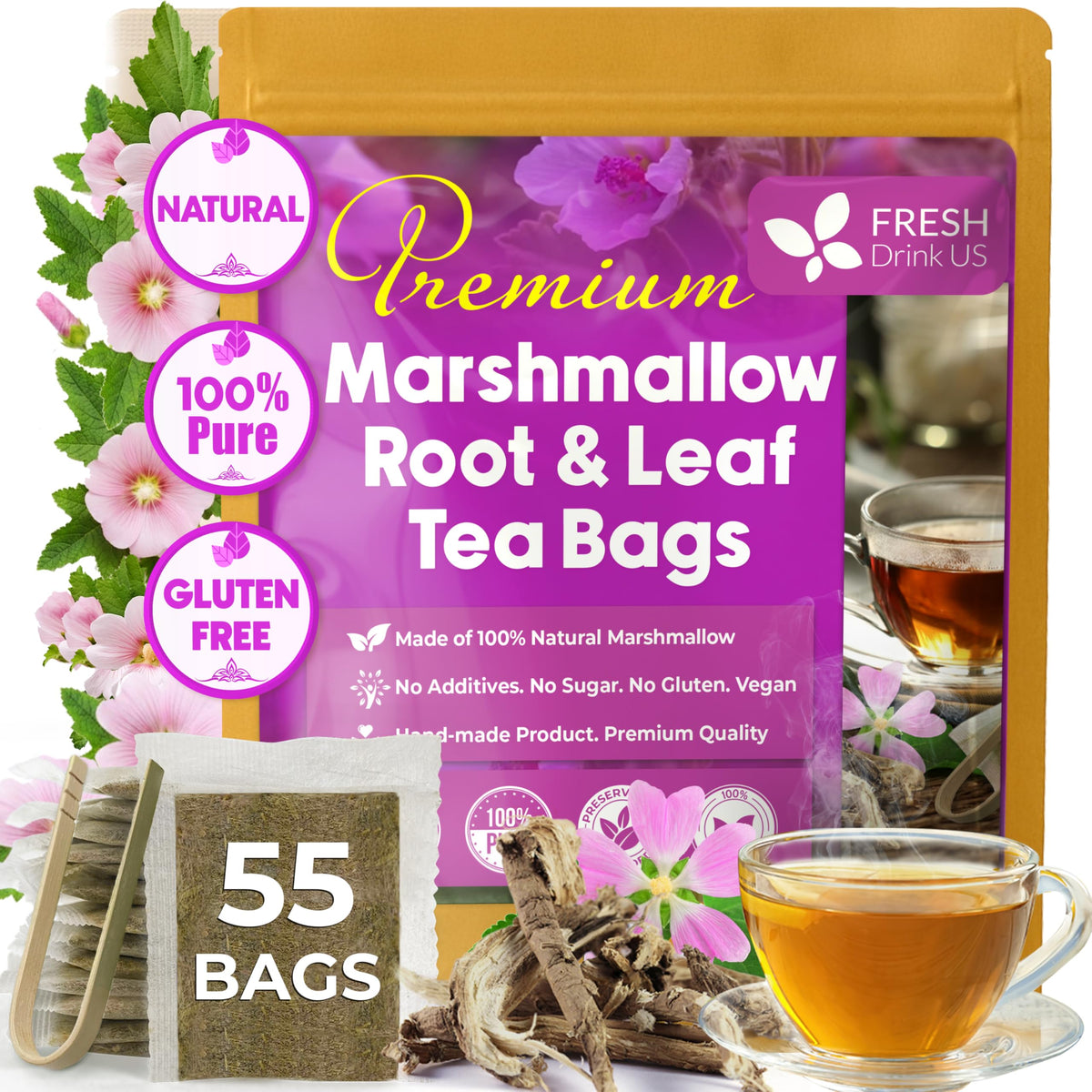 FreshDrinkUS marshmallow root tea bags in eco packaging for sustainable daily use