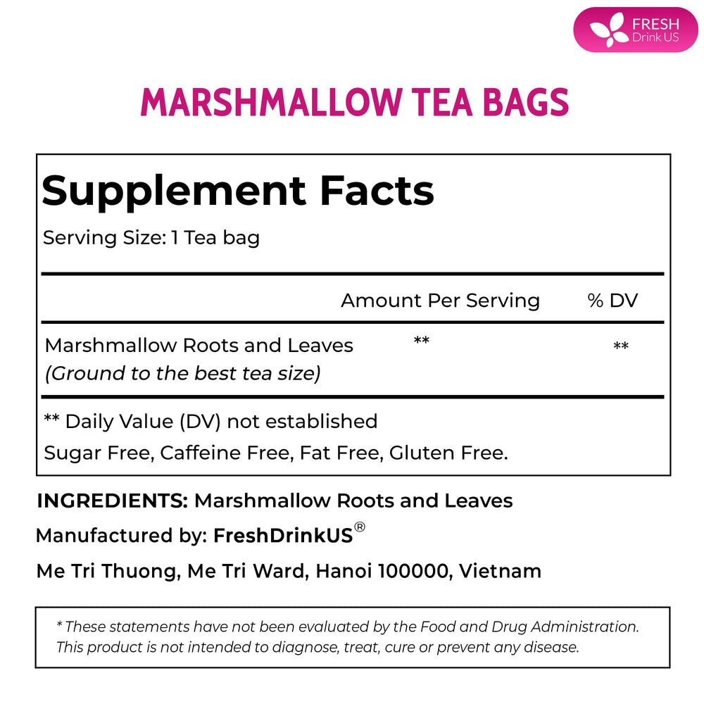 Closeup of FreshDrinkUS marshmallow tea bag shows additive-free herbs.