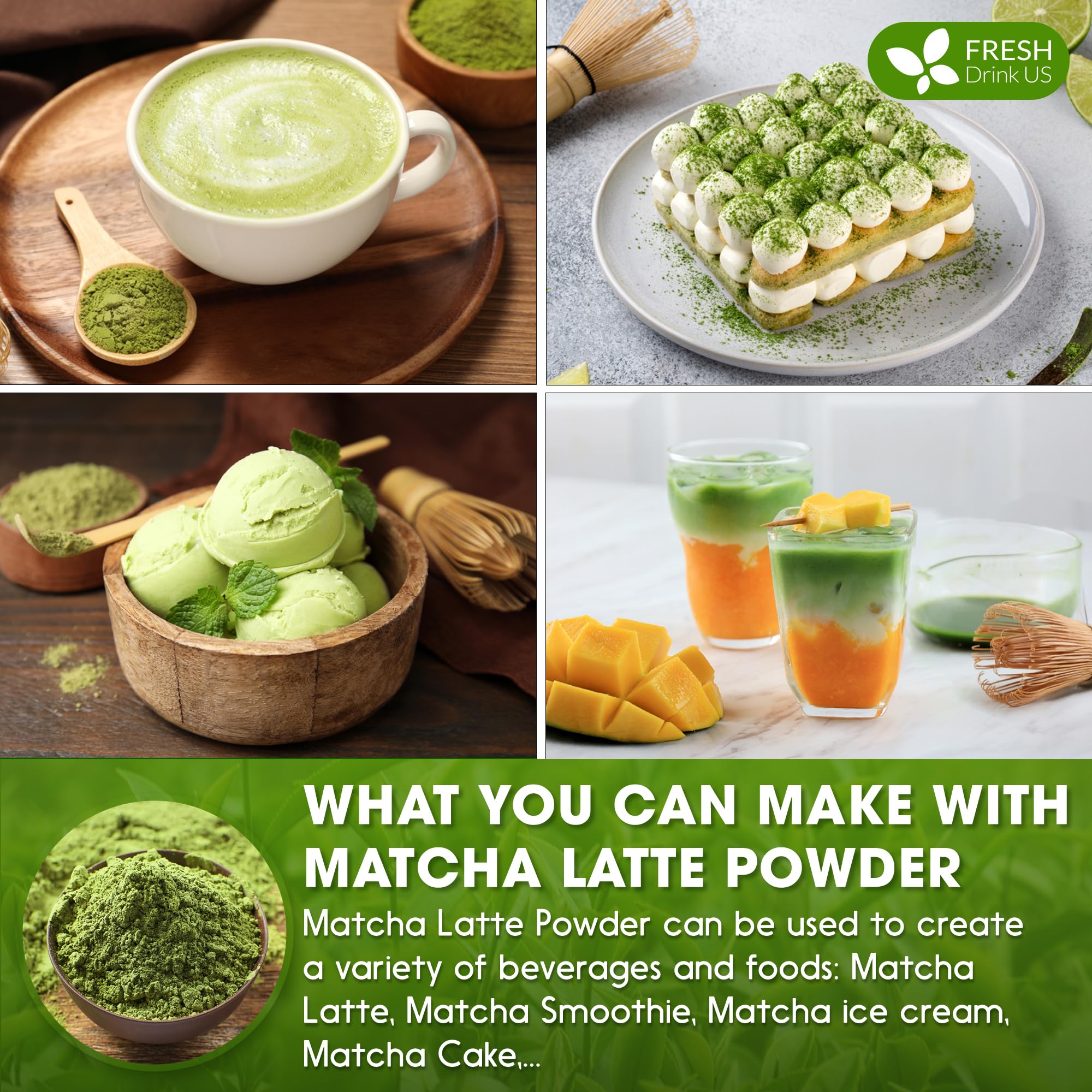 FreshDrinkUS Matcha Latte Baking Smoothie use shows versatile kitchen use.