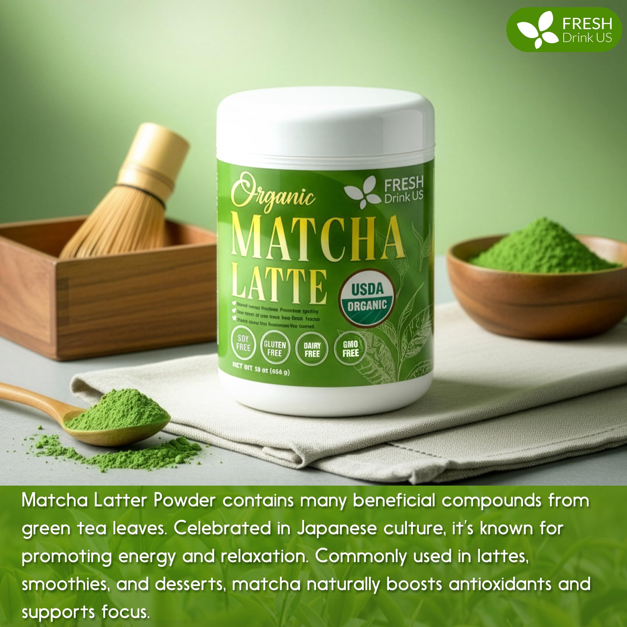 FreshDrinkUS Matcha Latte Packaging Countertop with branding on display.