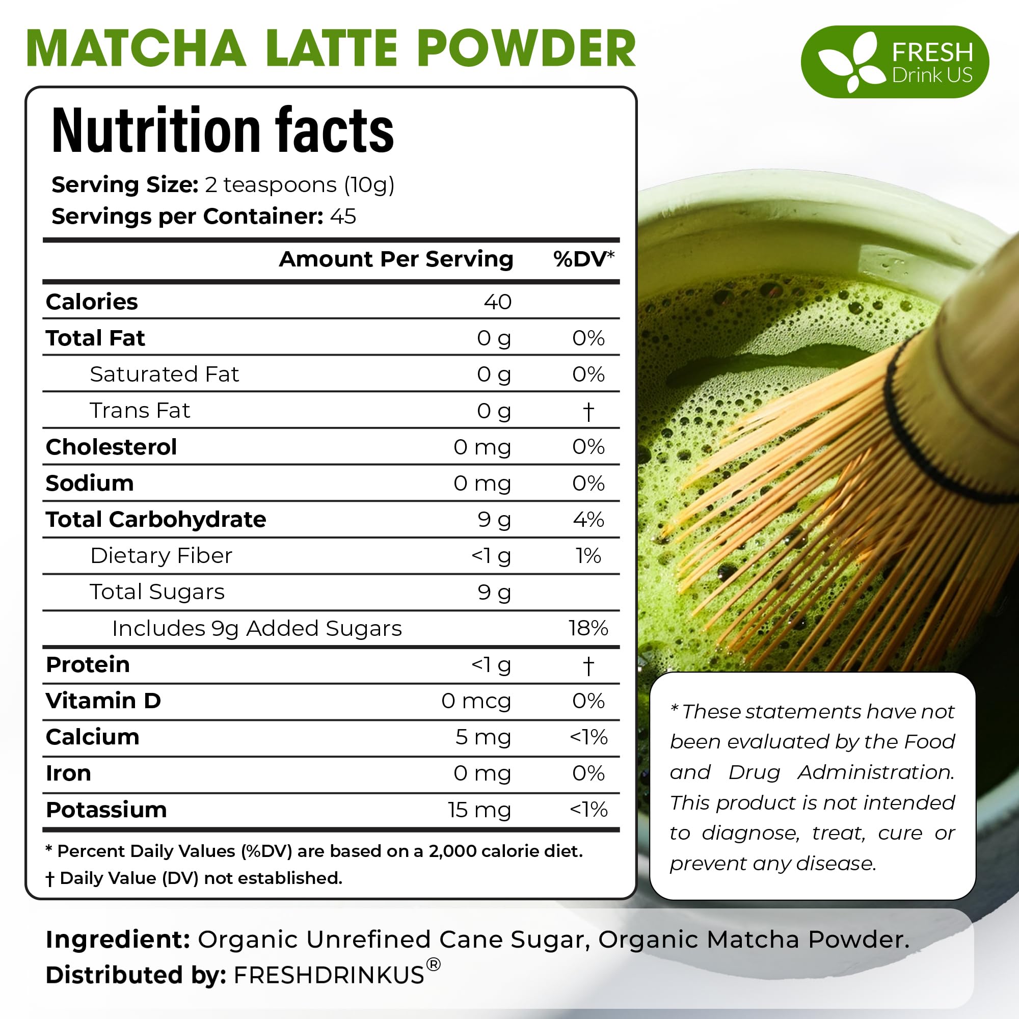 FreshDrinkUS Matcha Latte Powder scoop image highlights quick measuring.