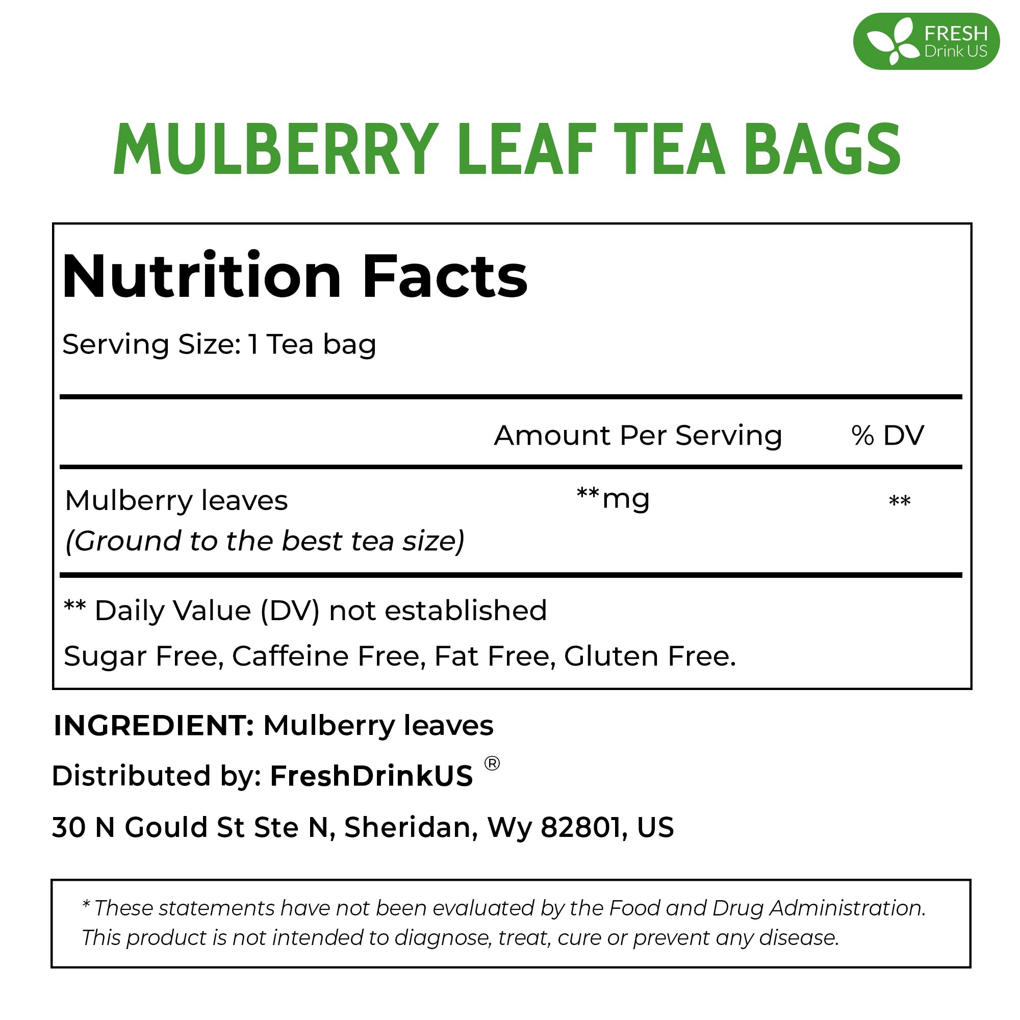 FreshDrinkUS Mulberry Leaf Tea Bags close-up showing premium leaves for purity