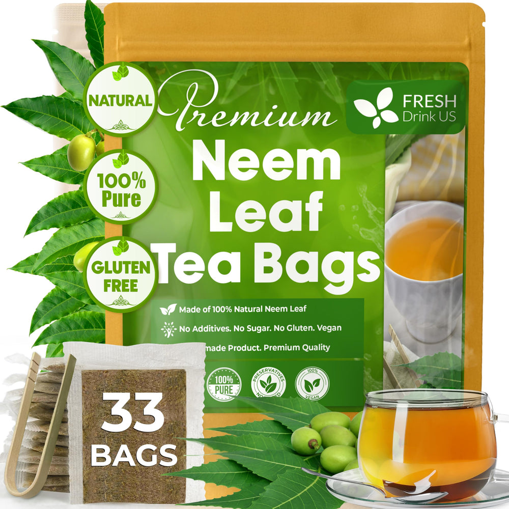 FreshDrinkUS neem leaf tea bags packaging shows eco-friendly design and brand quality.