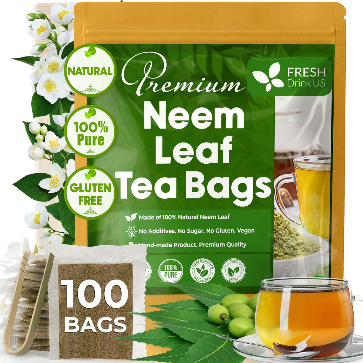 FreshDrinkUS neem tea bags packaging showcases convenient, caffeine-free herbal tea.