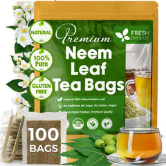FreshDrinkUS neem tea bags packaging showcases convenient, caffeine-free herbal tea.