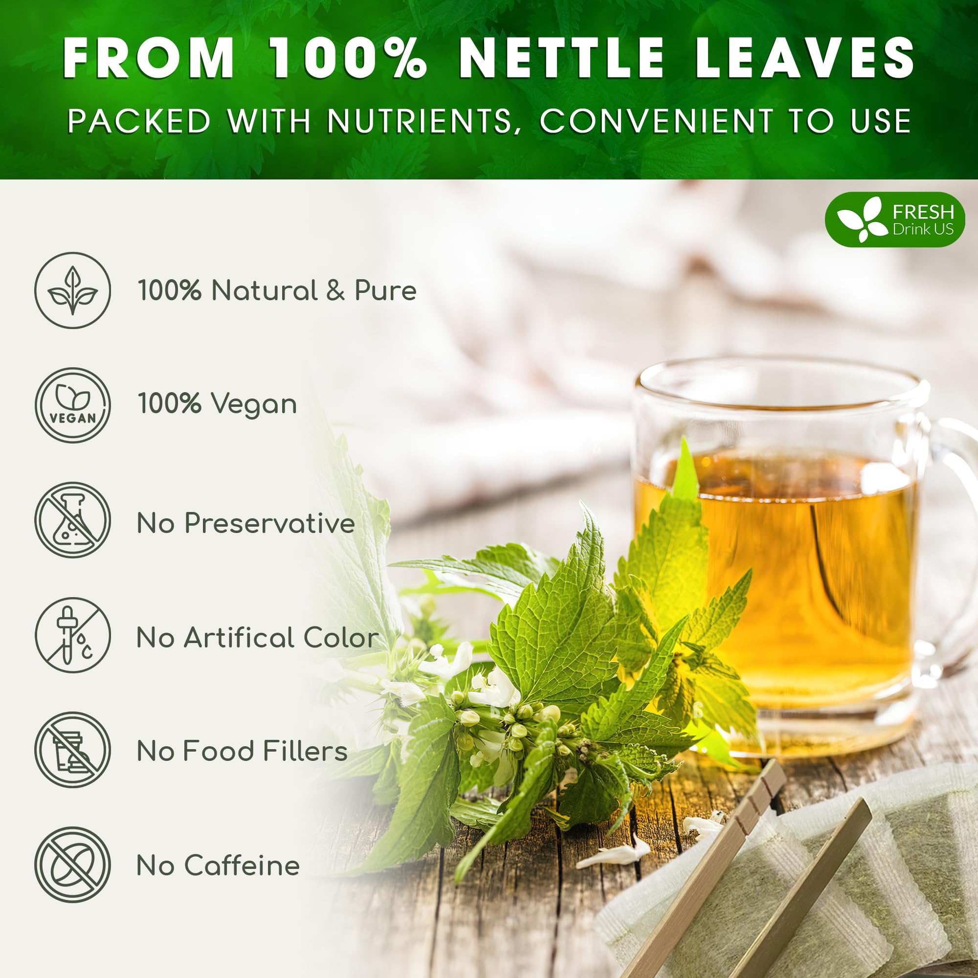 FreshDrinkUS nettle leaf tea bag brewed cup releasing earthy aroma.